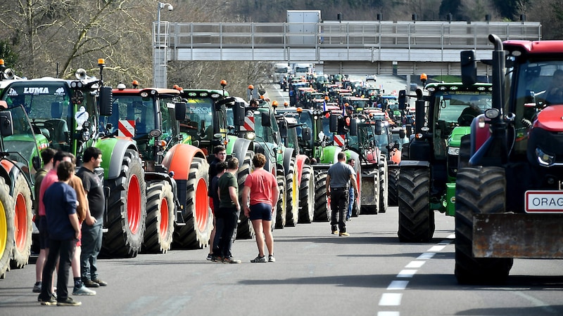 Straßenblockade durch französische Landwirte in der Nähe der Grenze zu Spanien (Bild: APA/AFP/GAIZKA IROZ)