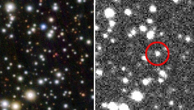 Einer (rot markiert) der zwei bisher unbekannten „Veränderlichen Sterne“, die der Amateur-Astronom Michael Jäger entdeckt hat. (Bild: Michael Jäger, Krone KREATIV)