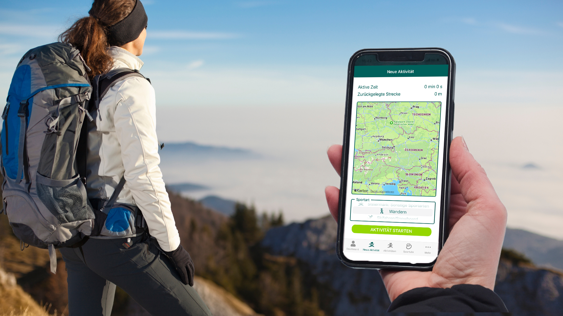 When hiking, you can use the app to collect and win exercise minutes for the "Most Active Community 2.0". This applies to any type of activity. (Bild: Canva & Christina Koppelhuber)