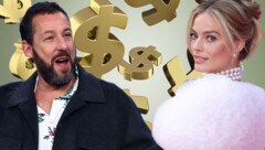 Margot Robbie und Adam Sandler gehören zu den bestbezahltesten Schauspielern des Jahres 2023. (Bild: stock.adobe.com, APA, picturedesk.com, Krone KREATIV)