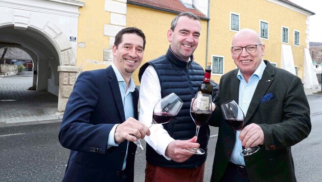 Der neue Wein-Burgenland-Obmann Herbert Oschep (Mi.) mit Weinbauverbands-Präsident Andreas Liegenfeld (re.) und Wein-Burgenland-Geschäftsführer Christian Zechmeister. (Bild: Reichard Judt)