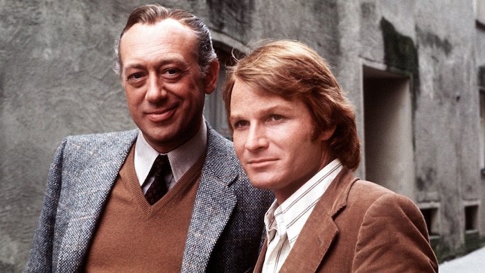 Fritz Wepper with Horst Tappert during the filming of "Derrick" 1977