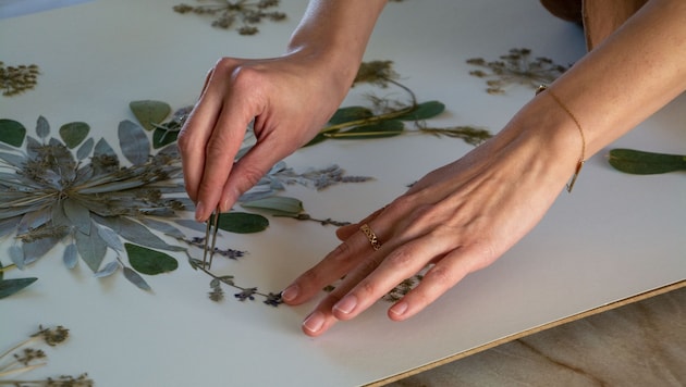 Each flower is first placed on the paper and then glued on. (Bild: Charlotte Titz)
