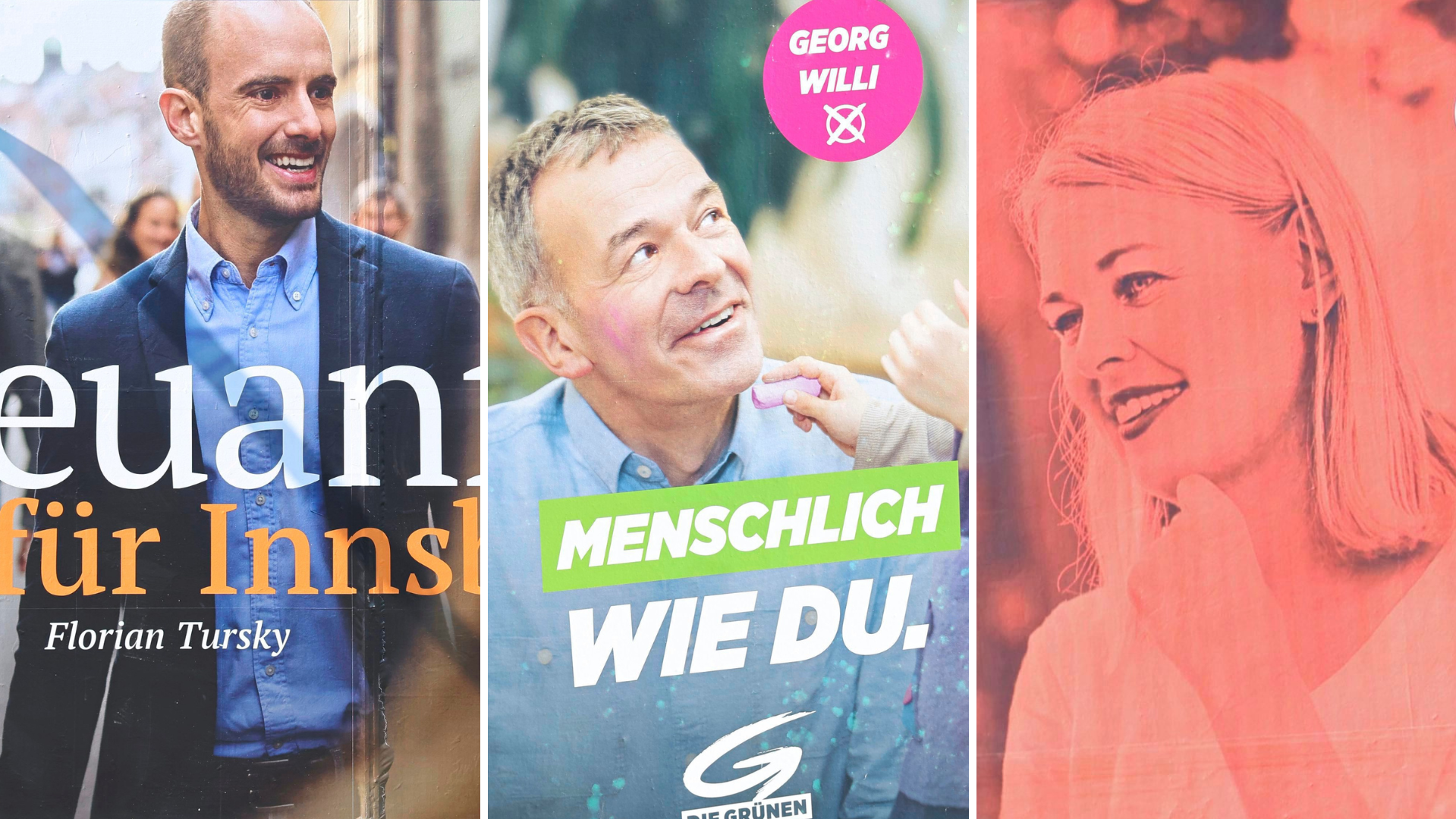 Tursky, Willi and Mayr laugh from the election posters. (Bild: Christof Birbaumer)