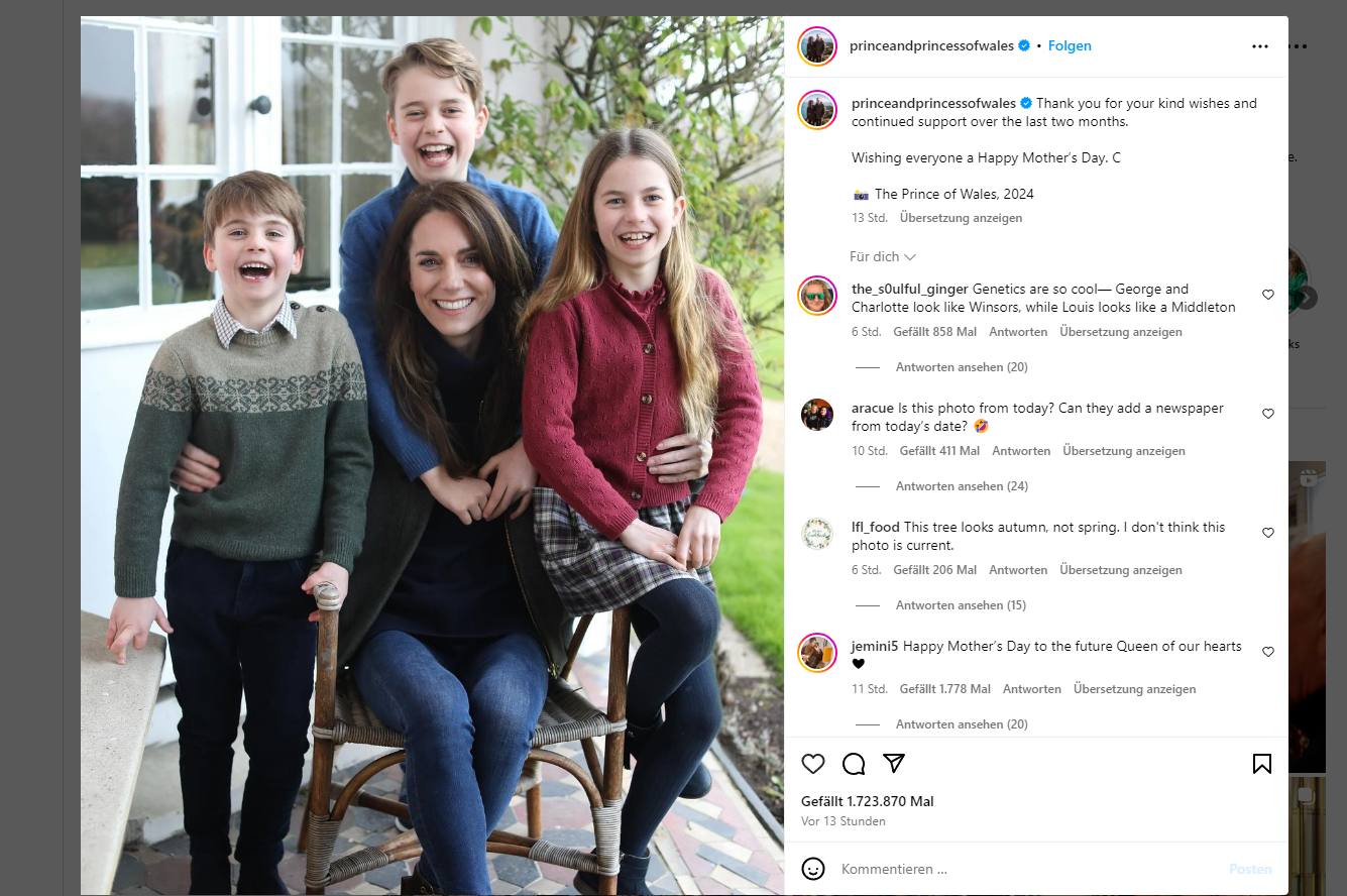 Bildagenturen haben dieses Foto von Prinzessin Kate aufgrund von Manipulationsverdacht zurückgezogen. (Bild: Screenshot/instagram.com/princeandprincessofwales)