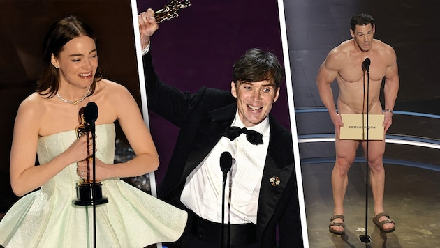 Los grandes triunfadores de la noche: Emma Stone y Cillian Murphy. El "Streaker" John Cena causó revuelo. (Bild: APA/Getty Images via AFP/GETTY IMAGES/KEVIN WINTER, APA/AFP/Patrick T. Fallon, Krone KREATIV)