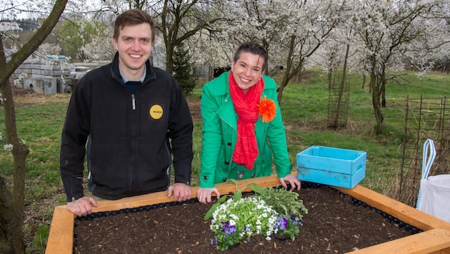 Lukas Koch and Uschi Zezelitsch at the newly filled raised bed. (Bild: Charlotte Titz)