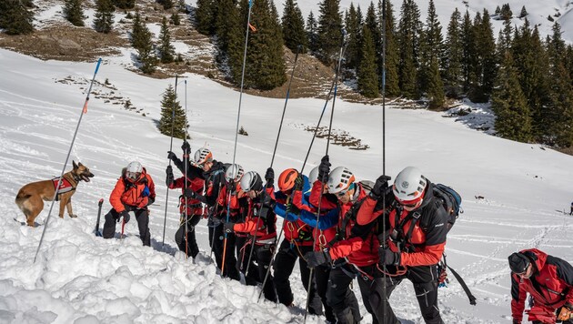 The emergency services from Tyrol and Bavaria sounded out the avalanche cone together. (Bild: Bergrettung Maurach)