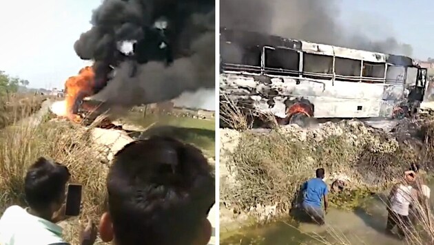 En Inde, un bus a pris feu à cause d'une ligne électrique trop basse. Les flammes ont tué au moins cinq personnes. (Bild: kameraOne (Screenshot))