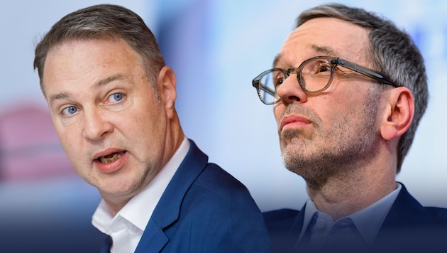 Andreas Babler a attaqué frontalement Herbert Kickl : Le chef du FPÖ a scandé quelque chose à propos de listes de personnes recherchées pour les politiciens. (Bild: APA/Picturedesk, Krone KREATIV)