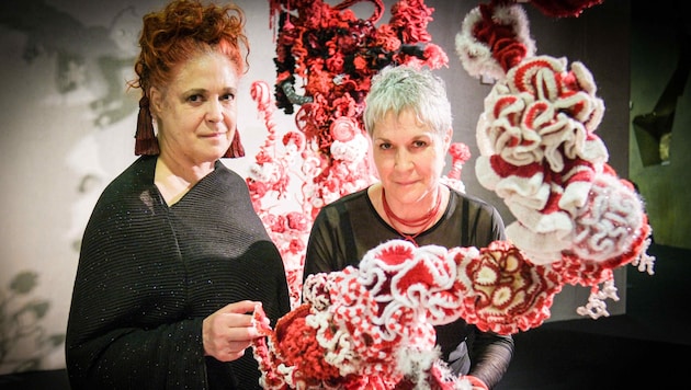 Sisters Margaret and Christine Wertheim developed a crochet project for the castle museum: Austria's largest coral reef is on display here until July 7. (Bild: Horst Einöder/Flashpictures)