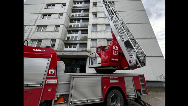 Parallel zum Innenangriff wurde die Drehleiter in Stellung gebracht. (Bild: Freiwillige Feuerwehr Wels)