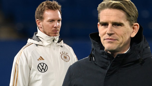 Julian Nagelsmann (left) will probably do without Bayern's Leon Goretzka. Now Christoph Freund (right) comments on the "bang" in the DFB team. (Bild: GEPA pictures)