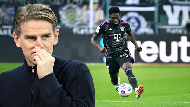 Christoph Freund (l.) will Alphonso Davies‘ Verbleib bei den Bayern noch nicht abschreiben. (Bild: APA/AFP/UWE KRAFT, Gepa)