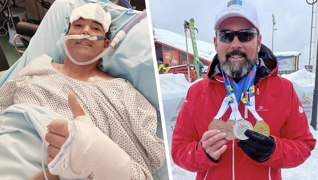Entre estas dos fotos media aproximadamente un año y medio: A la izquierda, Bernhard Kaut está en cuidados intensivos, a la derecha lo celebra con cuatro medallas. (Bild: zVg Krone KREATIV)