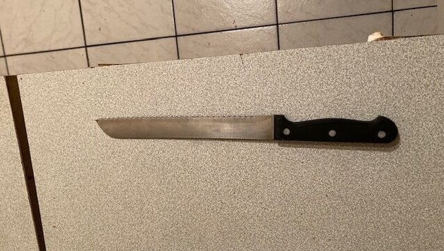 El joven de 29 años atacó a su propia madre con este cuchillo de pan. (Bild: LPD Wien)