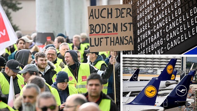 From ground staff to cabin crew - someone is always on strike at the moment. (Bild: AFP (2), REUTERS, Krone KREATIV)