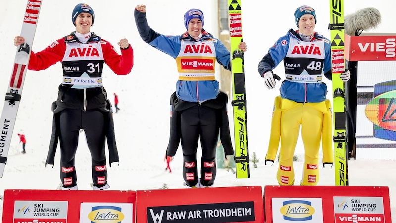 Auf der WM-Schanze in Trondheim landete Daniel Tschofenig (li.) im März auf Rang zwei.  (Bild: Geir Olsen / NTB)