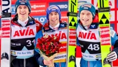 Stefan Kraft gewinnt vor Daniel Tschofenig und Jan Hörl. (Bild: Geir Olsen / NTB)