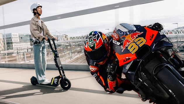 KTM is not only stepping on the gas in MotoGP (pictured right), but now also in the cities - with electric scooters. (Bild: Kiska GmbH, AFP, Krone KREATIV)