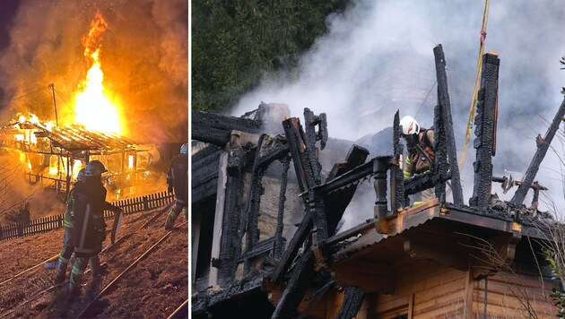 Das Haus wurde komplett zerstört. Am Nachmittag wurde in der Brandruine eine Leiche entdeckt. (Bild: zoom.tirol)