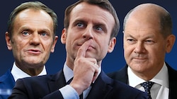 Beanspruchen die Führungsrolle: Polens Tusk, Frankreichs Macron und Deutschlands Scholz (Bild: AFP, EPA, APA, Krone KREATIV)