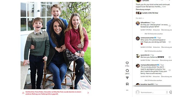 Instagram hat das Foto von Kate mit einem roten Fälschungshinweis versehen.
