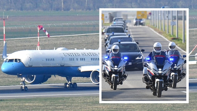 Blinken landete mit der „Air Force Two“ in Wien-Schwechat, mit Polizeieskorte ging es dann in die Stadt. (Bild: Patrick Huber/www.der-rasende-reporter.info, Krone KREATIV)