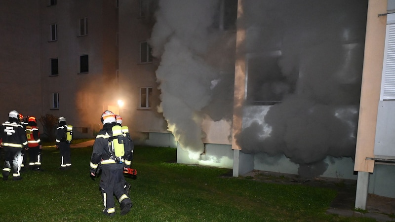 Einsatzkräfte der Berufsfeuerwehr vor dem betroffenen Wohnblock (Bild: Stadt Wien | Feuerwehr )