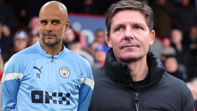 Pep Guardiola (left) is very interested in two of Oliver Glasner's protégés (right). (Bild: GEPA pictures)