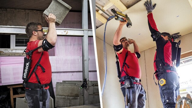 Prefabricated house builders Bernhard Kohlbauer and Benjamin Huber demonstrate that heavy loads are easy to lift with exoskeletons. (Bild: Klaus Schindler Krone KREATIV,)