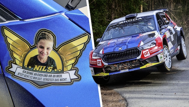 Nils wurde bei der Rebenland-Rallye auf den Autos verewigt. (Bild: Manfred Binder/SMP Krone KREATIV,)