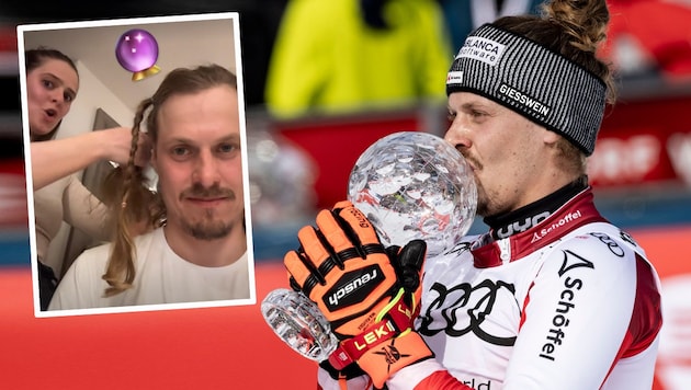 Manuel Feller with the hairdresser in his hotel room. (Bild: GEPA, instagram, krone.at-grafik)