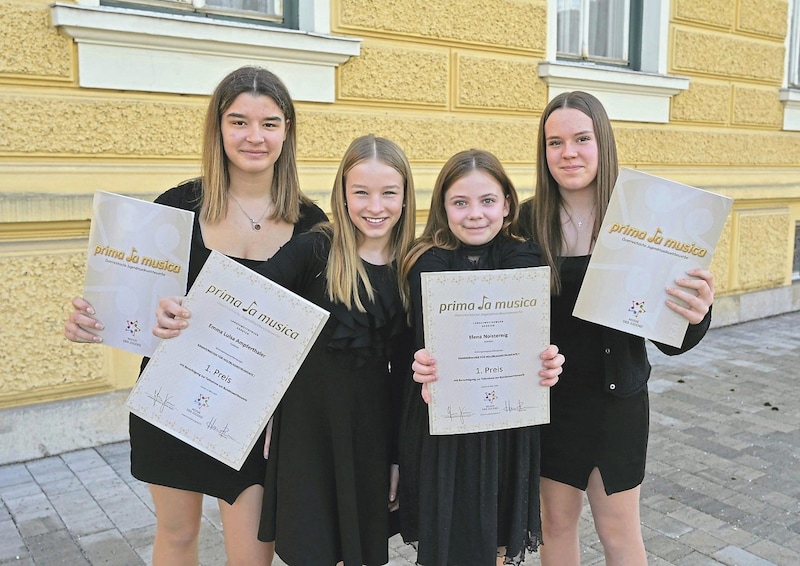 Ebenfalls Landessieger und beim Wettstreit in Brixen dabei ist das Ensemble Clarisax aus dem Mölltal – Hannah Pußnig, Lea Pichler, Elena Noisternig und Emma Ampferthaler. (Bild: EVELYN HRONEK)