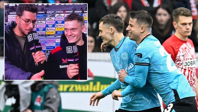 Bei einer Frage an Florian Wirtz trat der DAZN-Reporter Mario Rieker ins Fettnäpfchen. (Bild: APA/AFP/THOMAS KIENZLE, twitter.com/baiernbube)