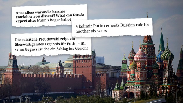 „Putins Wahltriumph bedeutet nichts Gutes“: Internationale Tageszeitungen kommentieren die Präsidentschaftswahl in Russland. (Bild: AFP Screenshots/FinancialTimes, Independent, Neue Zürcher Zeitung, Krone KREATIV)