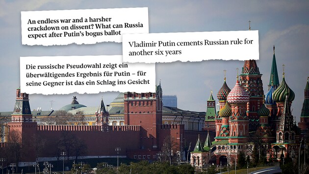 "El triunfo electoral de Putin no augura nada bueno": Los diarios internacionales comentan las elecciones presidenciales en Rusia. (Bild: AFP Screenshots/FinancialTimes, Independent, Neue Zürcher Zeitung, Krone KREATIV)