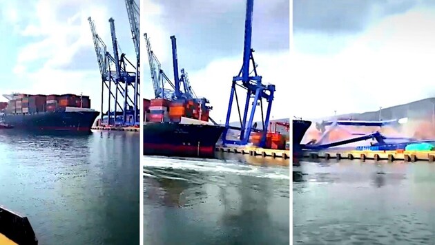 El portacontenedores chocó contra el muelle y derribó tres grandes grúas portuarias, (Bild: kameraOne (Screenshot))