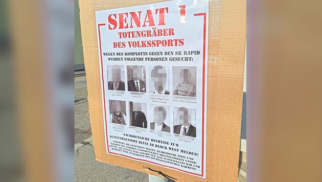 Last week, "wanted posters" with the names and photos of the eight members of the Bundesliga's criminal senate could be found near the stadium - along with a call for the whereabouts of those named to be made known. (Bild: zVg, Krone KREATIV)