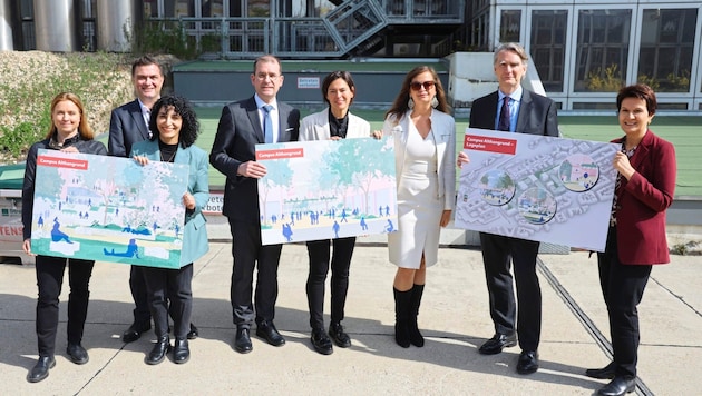 City Councillor Ulli Sima (SPÖ), ÖBB board member Silvia Angelo, district head Saya Ahma (SPÖ) and BIG boss Weiss presented the plans for the new university site on Alsergrund together with the university rectors. (Bild: Zwefo)