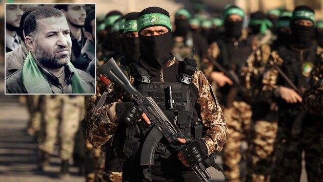 Marwan Issa (petite photo), vice-commandant des brigades Al-Qassam et numéro trois du Hamas, a été tué lors d'une attaque israélienne. (Bild: AFP, Wikipedia/Erksahin)