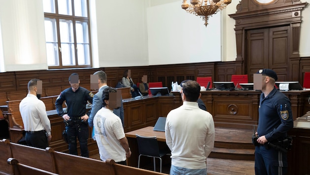 Die drei Schlepper bei ihrem Prozess in Ried im Innkreis (Bild: Daniel Scharinger, Krone KREATIV)