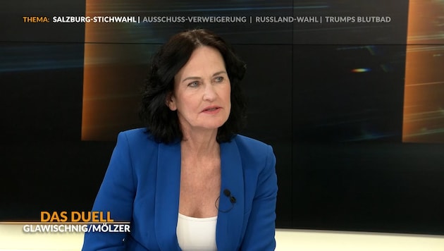 Eva Glawischnig on krone.tv in the current "TV duel". (Bild: krone.tv )