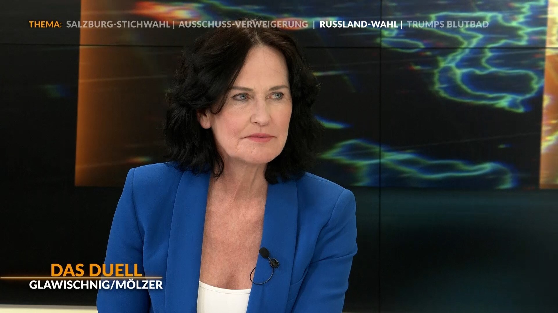 Eva Glawischnig en krone.tv en el actual "duelo televisivo". (Bild: krone.tv)