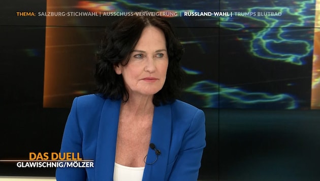 Eva Glawischnig en krone.tv en el actual "TV-Duell". (Bild: krone.tv )