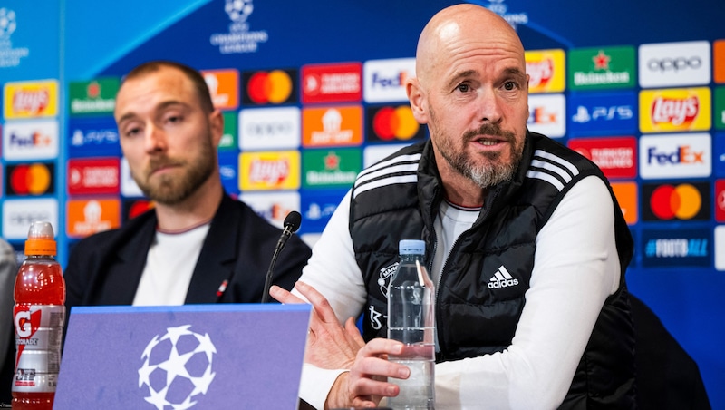 Christian Eriksen (li.) und Erik ten Hag (Bild: APA/AFP/Jonathan NACKSTRAND)