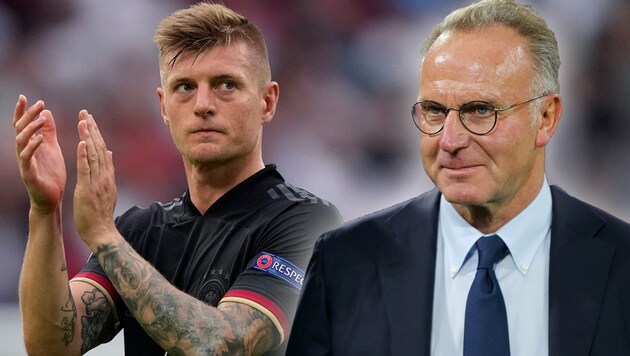 Karl-Heinz Rummenigge (re.) hat sich über die DFB-Rückkehr von Toni Kroos geäußert. (Bild: APA/AFP/POOL/Frank Augstein, GEPA Pictures)