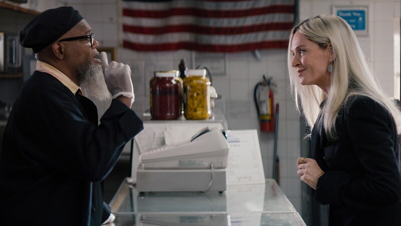 „The Kill Room“: Uma Thurman als gerissene Galeristin Patrice und Samuel L. Jackson als Gordon, Besitzer einer jüdischen Bäckerei, mit Geldwäscheproblem. (Bild: Universal Pictures Austria )