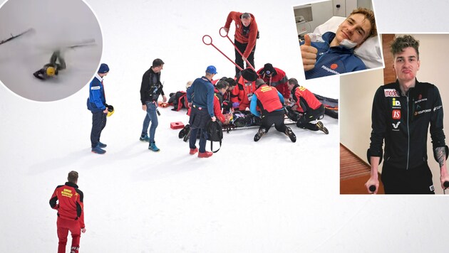 Eetu Nousiainen stürzte am Donnerstag schwer und zog sich eine schwere Knieverletzung zu. (Bild: APA/AFP/Jure Makovec, instagram.com/eetunousiainenofficial)
