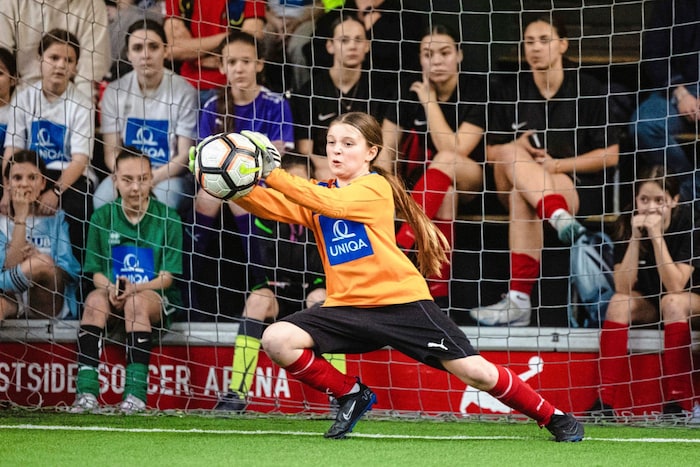 Goalkeeper Eulalie Krzywon, actually a field player, saved Ella Lingens Gymnasium's fourth ...